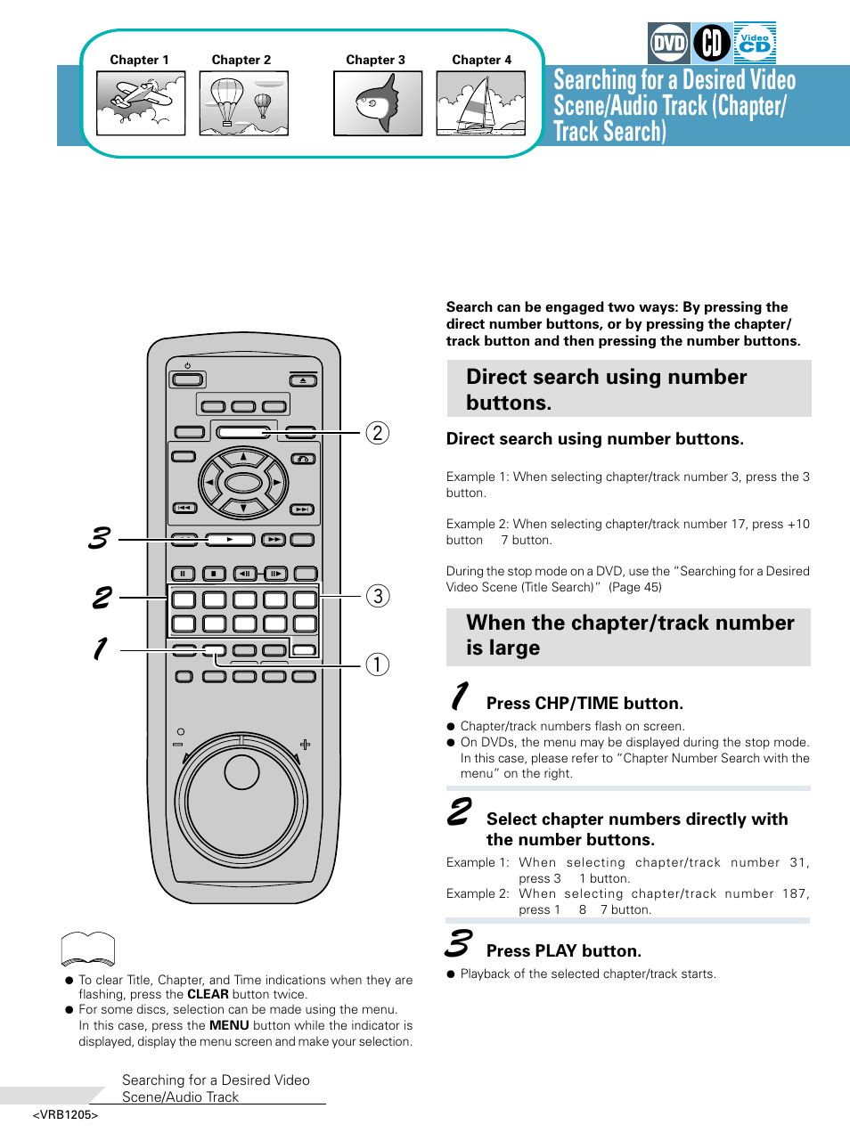 Searching for a desired video scene/audio track, Chapter/track search), Direct search using number buttons | When the chapter/track number is large, Press chp/time button, Press play button | Pioneer DV-05 User Manual | Page 46 / 62