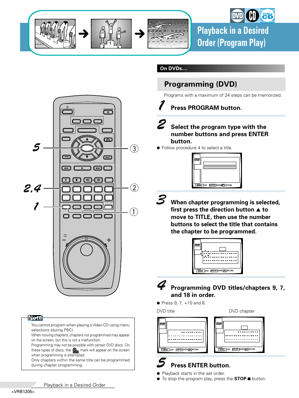 Playback in a desired order (program play), Programming (dvd), Press program button | Press enter button, Playback in a desired order, On dvds | Pioneer DV-05 User Manual | Page 48 / 62