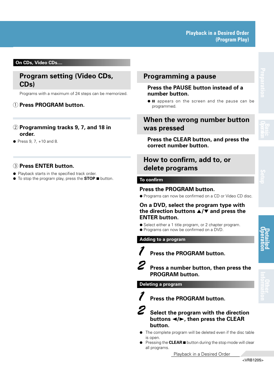 Program setting (video cds, cds), Programming a pause, When the wrong number button was pressed | How to confirm, add to, or delete programs | Pioneer DV-05 User Manual | Page 49 / 62