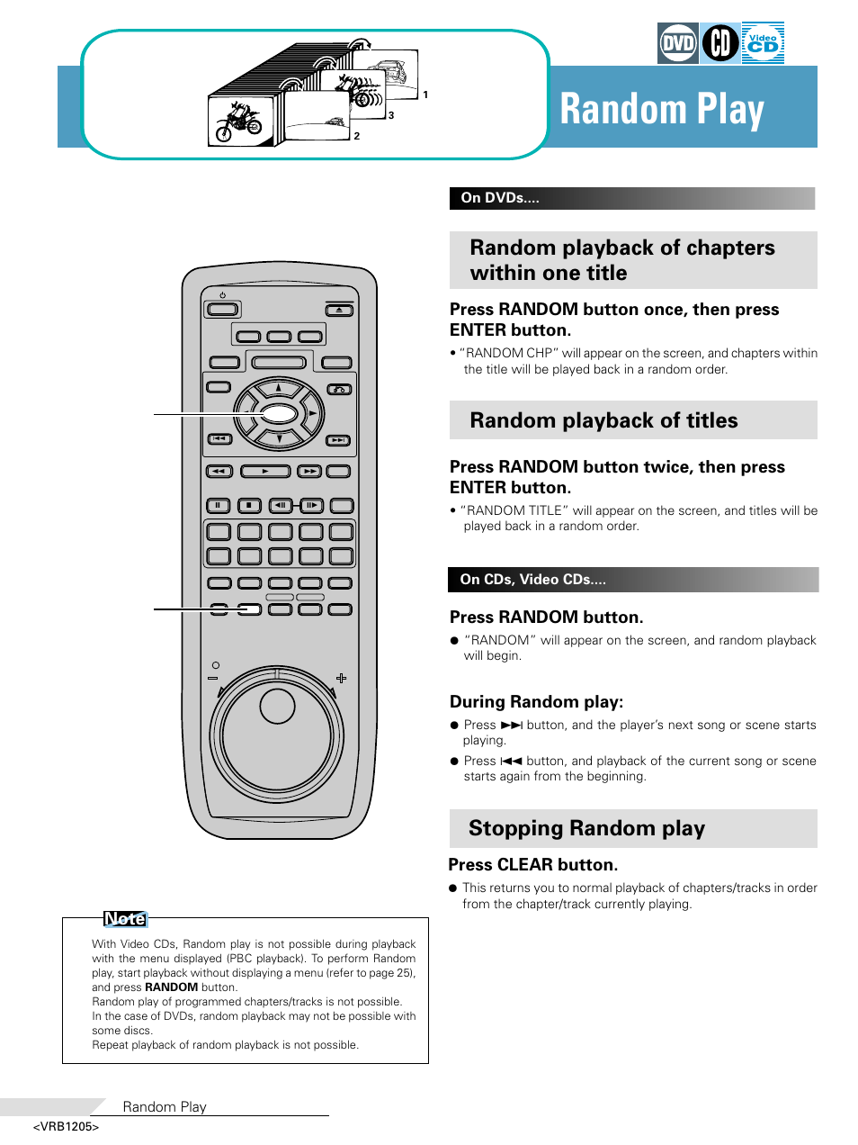 Random play, Random playback of chapters within one title, Random playback of titles | Stopping random play, Press random button once, then press enter button, Press random button twice, then press enter button, Press random button, During random play, Press clear button, Random enter | Pioneer DV-05 User Manual | Page 52 / 62
