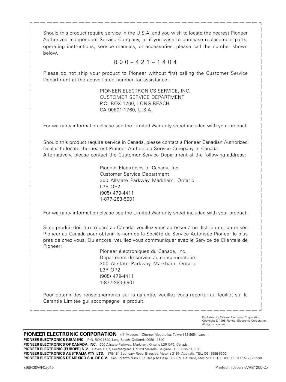 Pioneer DV-05 User Manual | Page 62 / 62