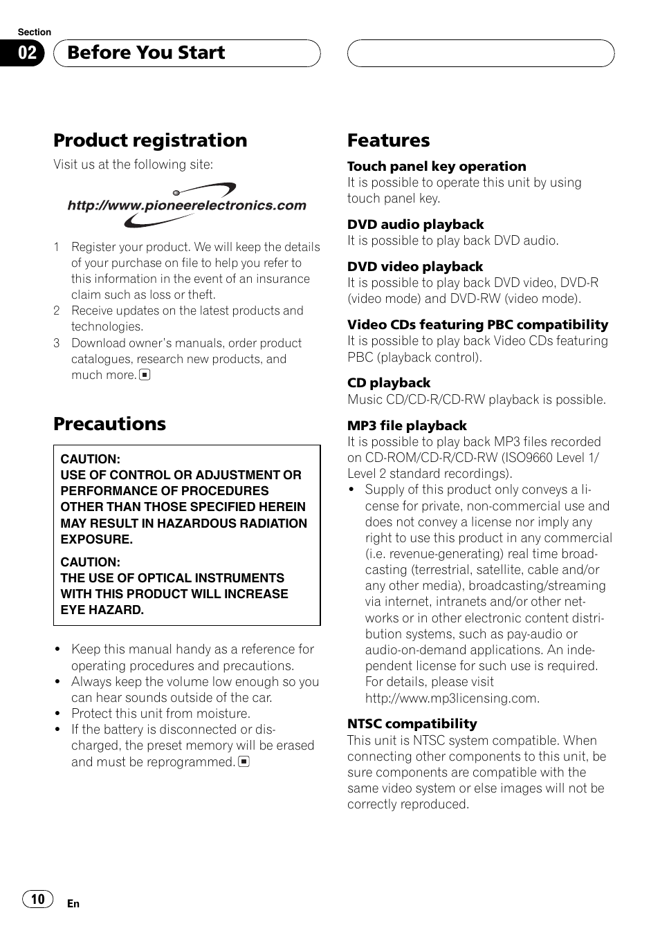 Product registration 10 precautions 10 features 10, Product registration, Precautions | Features, Before you start | Pioneer AVH-P7500DVD User Manual | Page 10 / 112