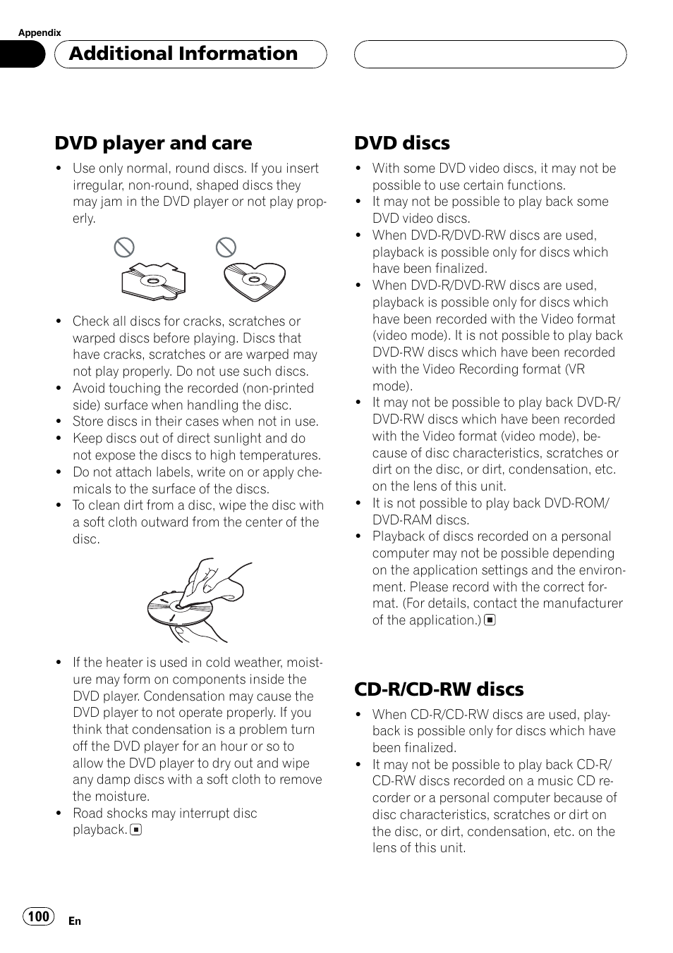 Dvd player and care, Dvd discs, Cd-r/cd-rw discs | Additionalinformation | Pioneer AVH-P7500DVD User Manual | Page 100 / 112