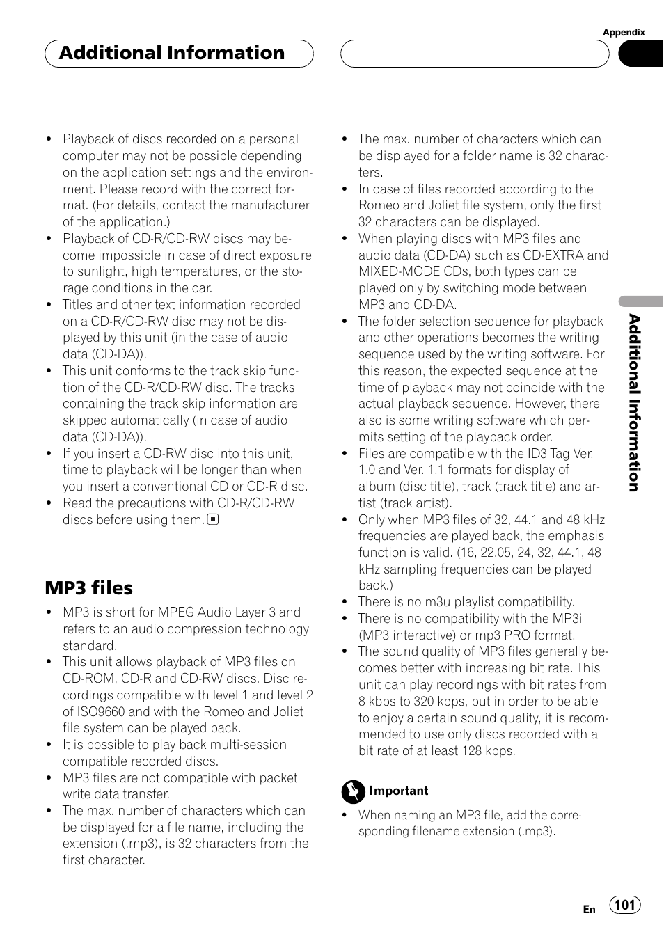 Mp3 files 101, Mp3 files, Additionalinformation | Pioneer AVH-P7500DVD User Manual | Page 101 / 112