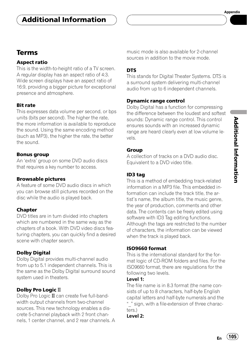 Terms 105, Terms, Additionalinformation | Pioneer AVH-P7500DVD User Manual | Page 105 / 112