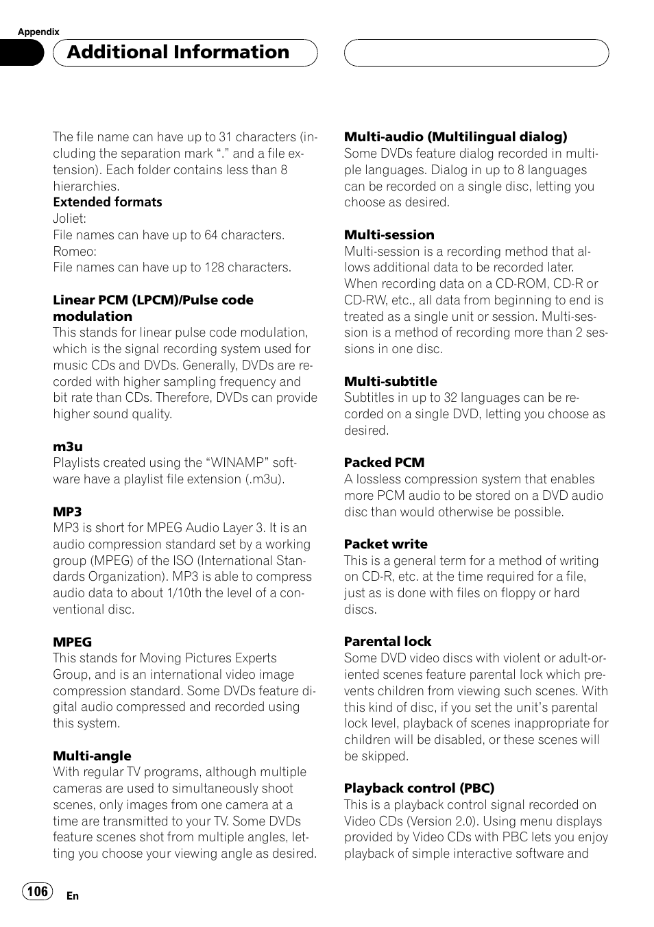 Additionalinformation | Pioneer AVH-P7500DVD User Manual | Page 106 / 112