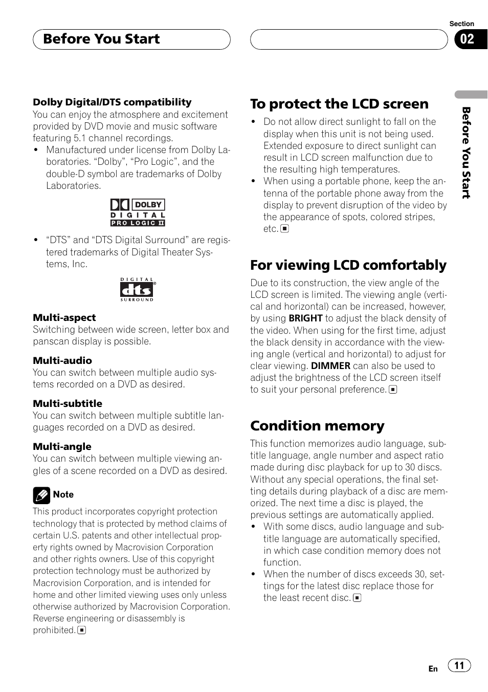 For viewing lcd comfortably, Before you start | Pioneer AVH-P7500DVD User Manual | Page 11 / 112
