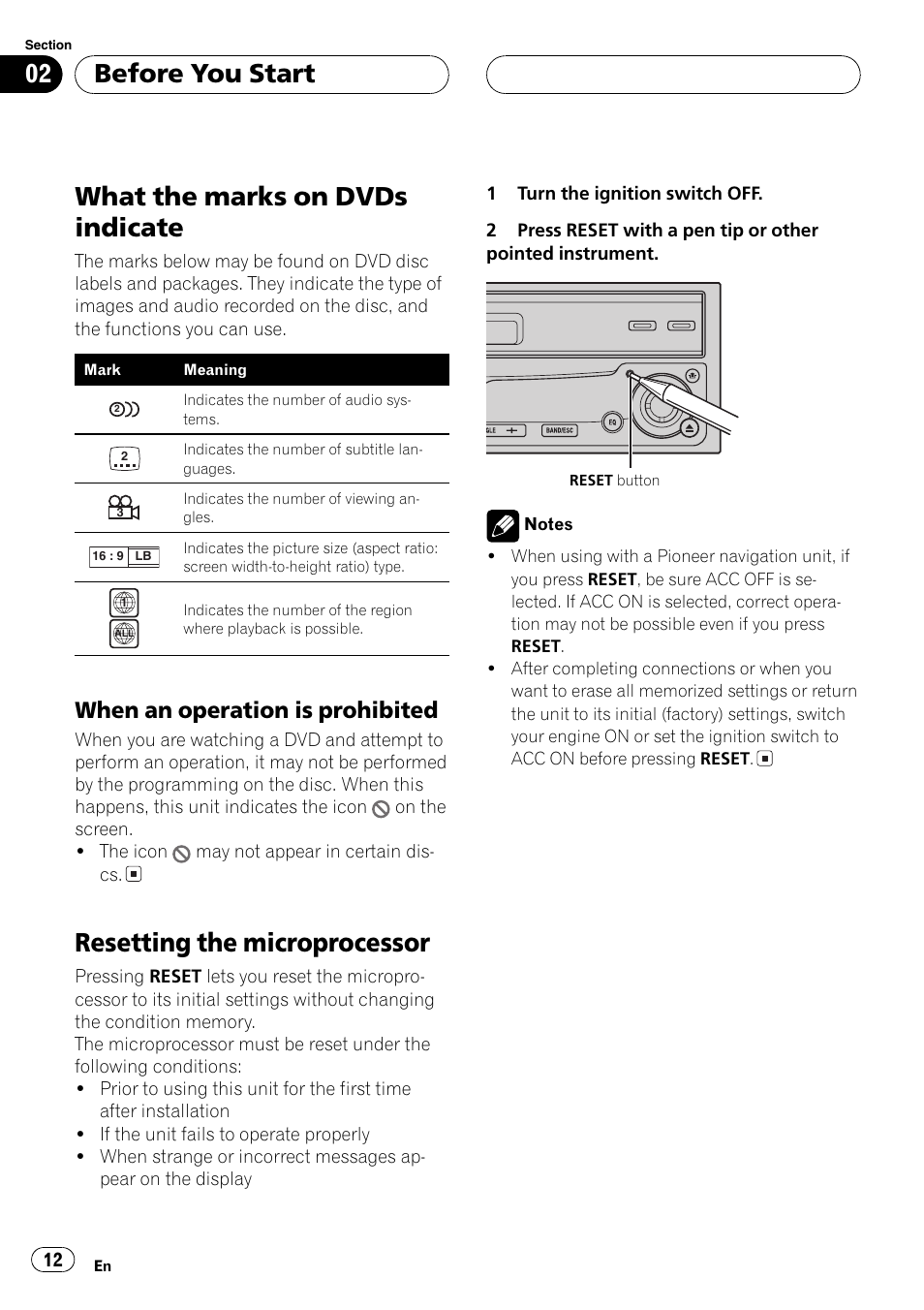 When an operation is prohibited 12, What the marks on dvds indicate, Resetting the microprocessor | Before you start, When an operation is prohibited | Pioneer AVH-P7500DVD User Manual | Page 12 / 112