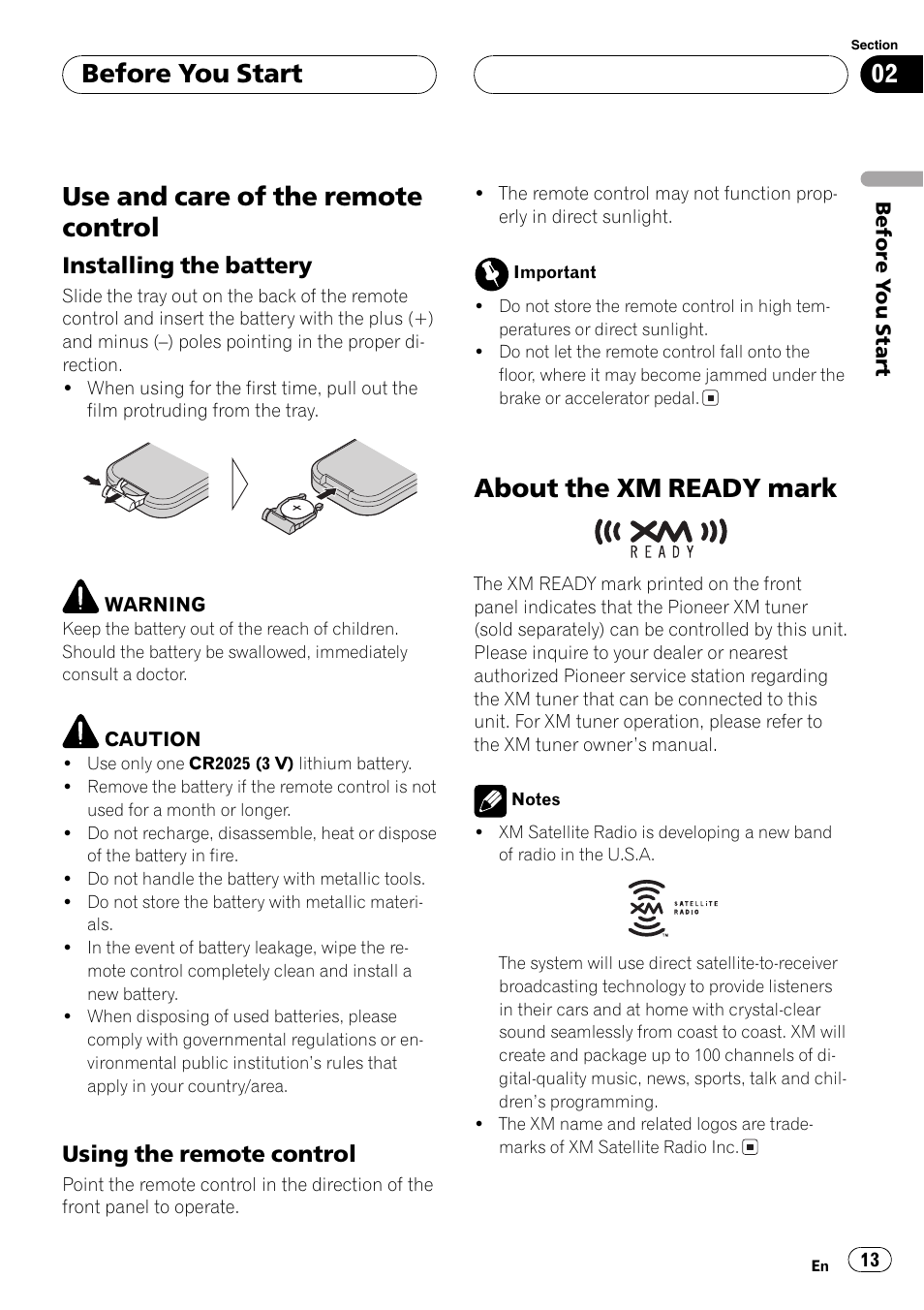 Use and care of the remote control, About the xm ready mark, Before you start | Installing the battery, Using the remote control | Pioneer AVH-P7500DVD User Manual | Page 13 / 112