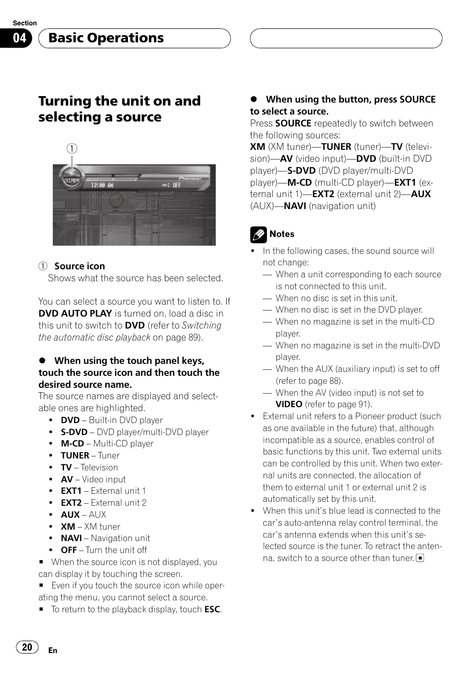 Source 20, Turning the unit on and selecting a source, Basic operations | Pioneer AVH-P7500DVD User Manual | Page 20 / 112