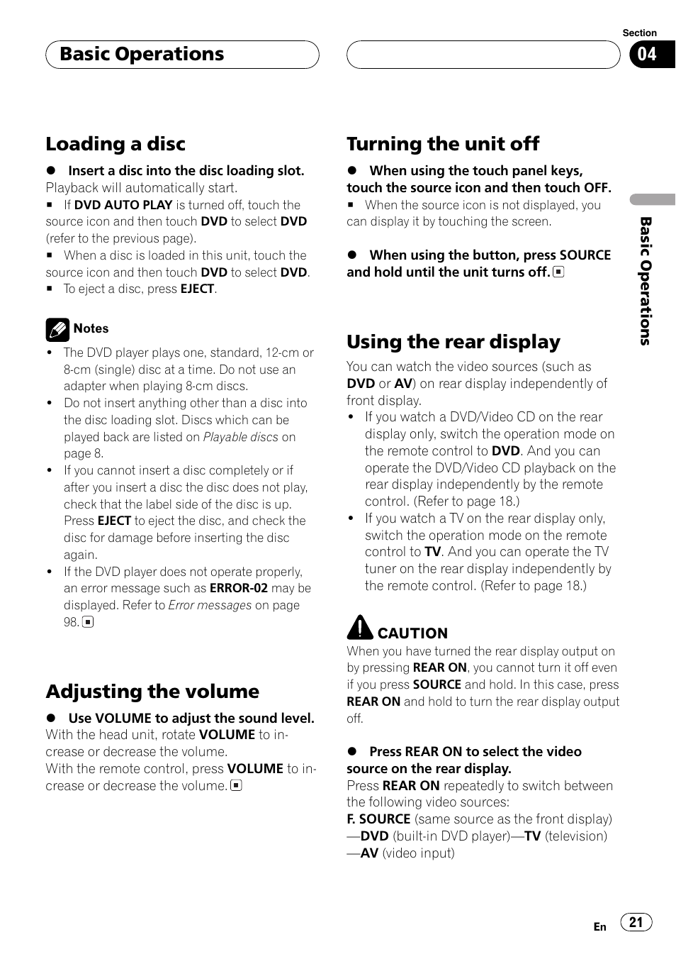 Loading a disc 21 adjusting the volume 21, Turning the unit off 21 using the rear display 21, Loading a disc | Adjusting the volume, Turning the unit off, Using the rear display, Basic operations | Pioneer AVH-P7500DVD User Manual | Page 21 / 112