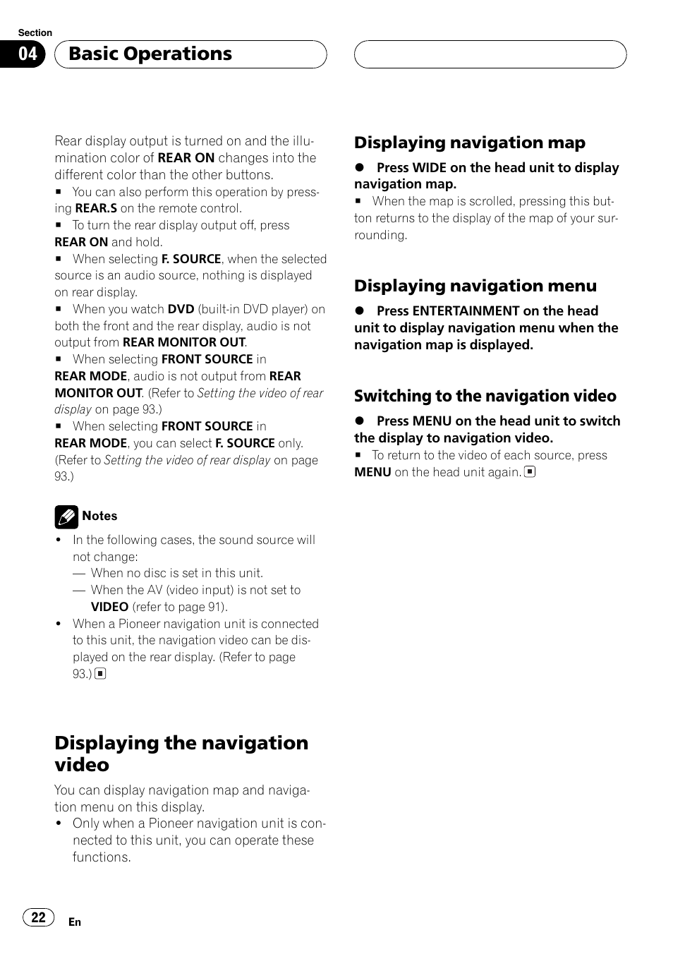 Displaying the navigation video 22, Displaying the navigation video, Basic operations | Pioneer AVH-P7500DVD User Manual | Page 22 / 112