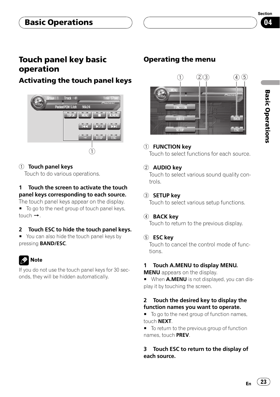 Touch panel key basic operation 23, Touch panelkey basic operation, Basic operations | Pioneer AVH-P7500DVD User Manual | Page 23 / 112