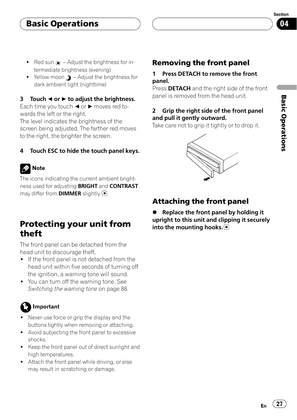 Protecting your unit from theft 27, Protecting your unit from theft, Basic operations | Removing the front panel, Attaching the front panel | Pioneer AVH-P7500DVD User Manual | Page 27 / 112