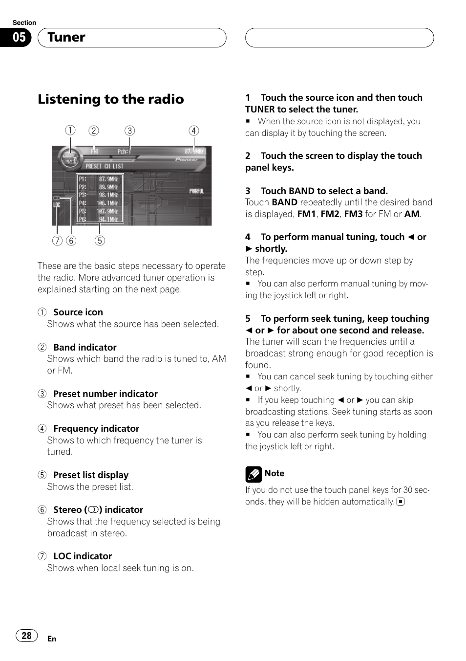 Tuner listening to the radio 28, Listening to the radio, Tuner | Pioneer AVH-P7500DVD User Manual | Page 28 / 112
