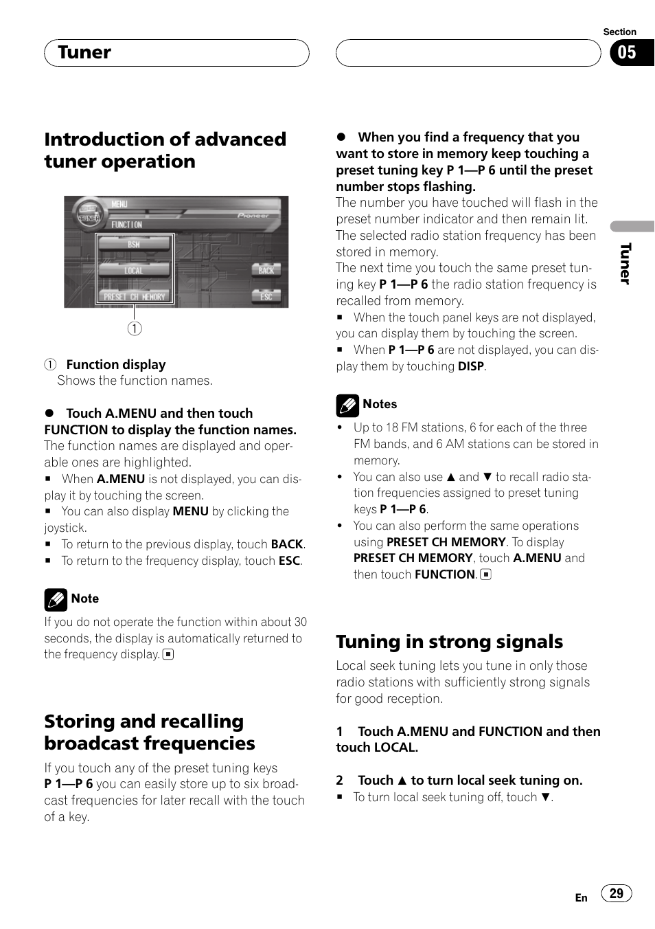 Introduction of advanced tuner, Operation 29, Storing and recalling broadcast | Frequencies 29, Tuning in strong signals 29, Introduction of advanced tuner operation, Storing and recalling broadcast frequencies, Tuning in strong signals, Tuner | Pioneer AVH-P7500DVD User Manual | Page 29 / 112