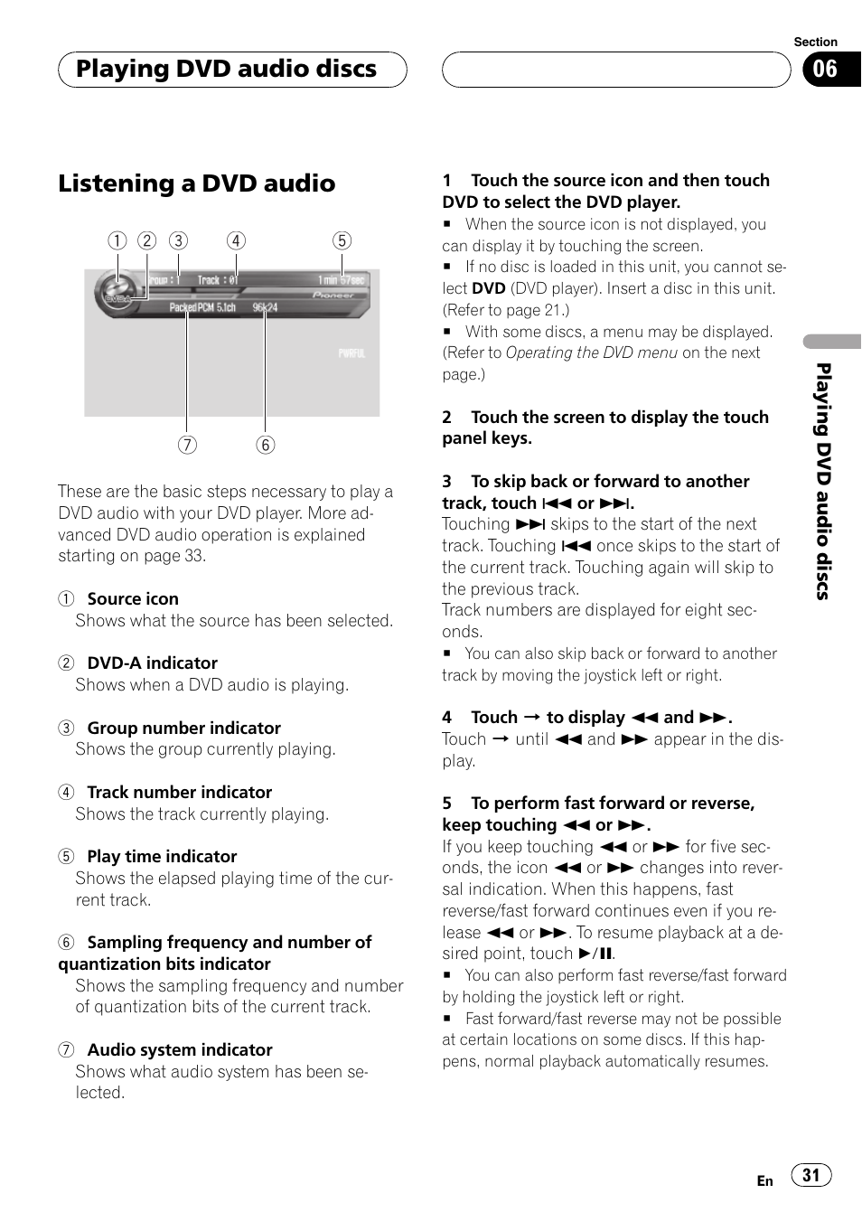 Playing dvd audio discs listening a dvd audio 31, Listening a dvd audio, Playing dvd audio discs | Pioneer AVH-P7500DVD User Manual | Page 31 / 112