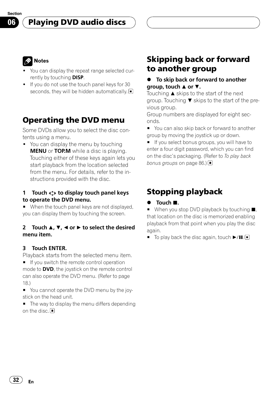 Group 32, Stopping playback 32, Operating the dvd menu | Skipping back or forward to another group, Stopping playback, Playing dvd audio discs | Pioneer AVH-P7500DVD User Manual | Page 32 / 112
