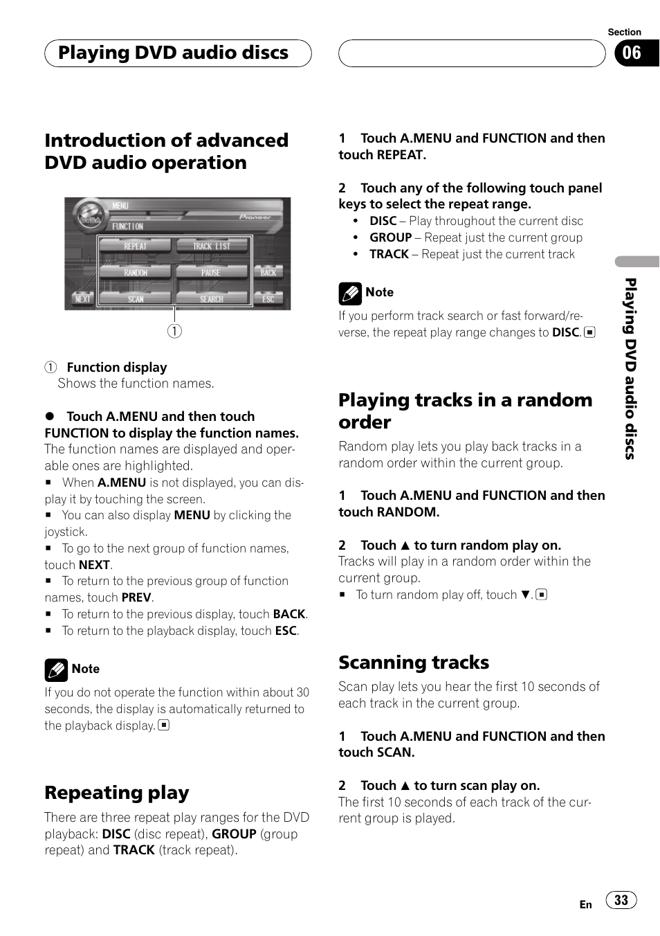 Introduction of advanced dvd audio, Operation 33, Introduction of advanced dvd audio operation | Repeating play, Playing tracks in a random order, Scanning tracks, Playing dvd audio discs | Pioneer AVH-P7500DVD User Manual | Page 33 / 112