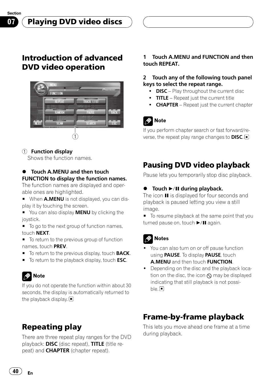 Introduction of advanced dvd video, Operation 40, Introduction of advanced dvd video operation | Repeating play, Pausing dvd video playback, Frame-by-frame playback, Playing dvd video discs | Pioneer AVH-P7500DVD User Manual | Page 40 / 112