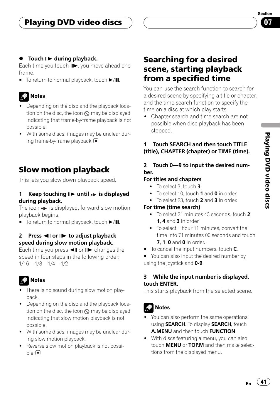 Playback from a specified time 41, Slow motion playback, Playing dvd video discs | Pioneer AVH-P7500DVD User Manual | Page 41 / 112