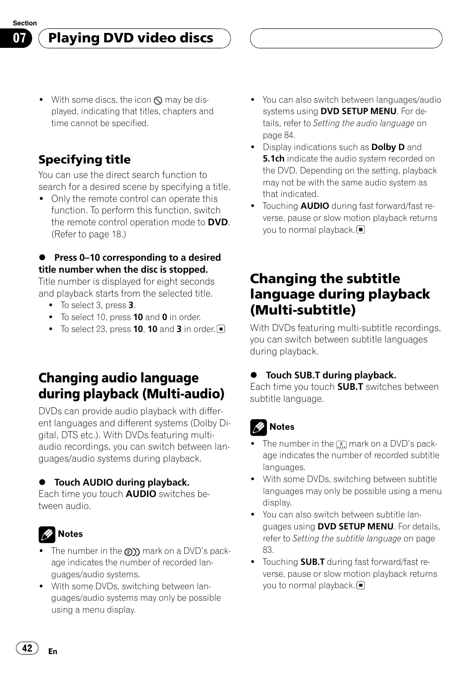 Changing audio language during playback, Multi-audio) 42, Changing the subtitle language during | Playback (multi-subtitle) 42, Playing dvd video discs, Specifying title | Pioneer AVH-P7500DVD User Manual | Page 42 / 112