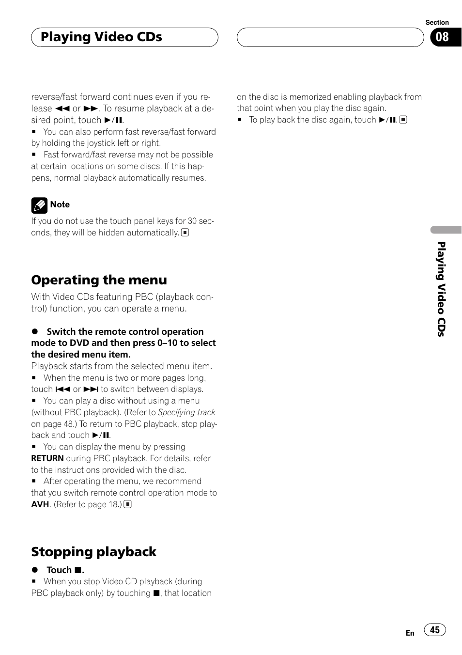 Operating the menu 45 stopping playback 45, Operating the menu, Stopping playback | Playing video cds | Pioneer AVH-P7500DVD User Manual | Page 45 / 112