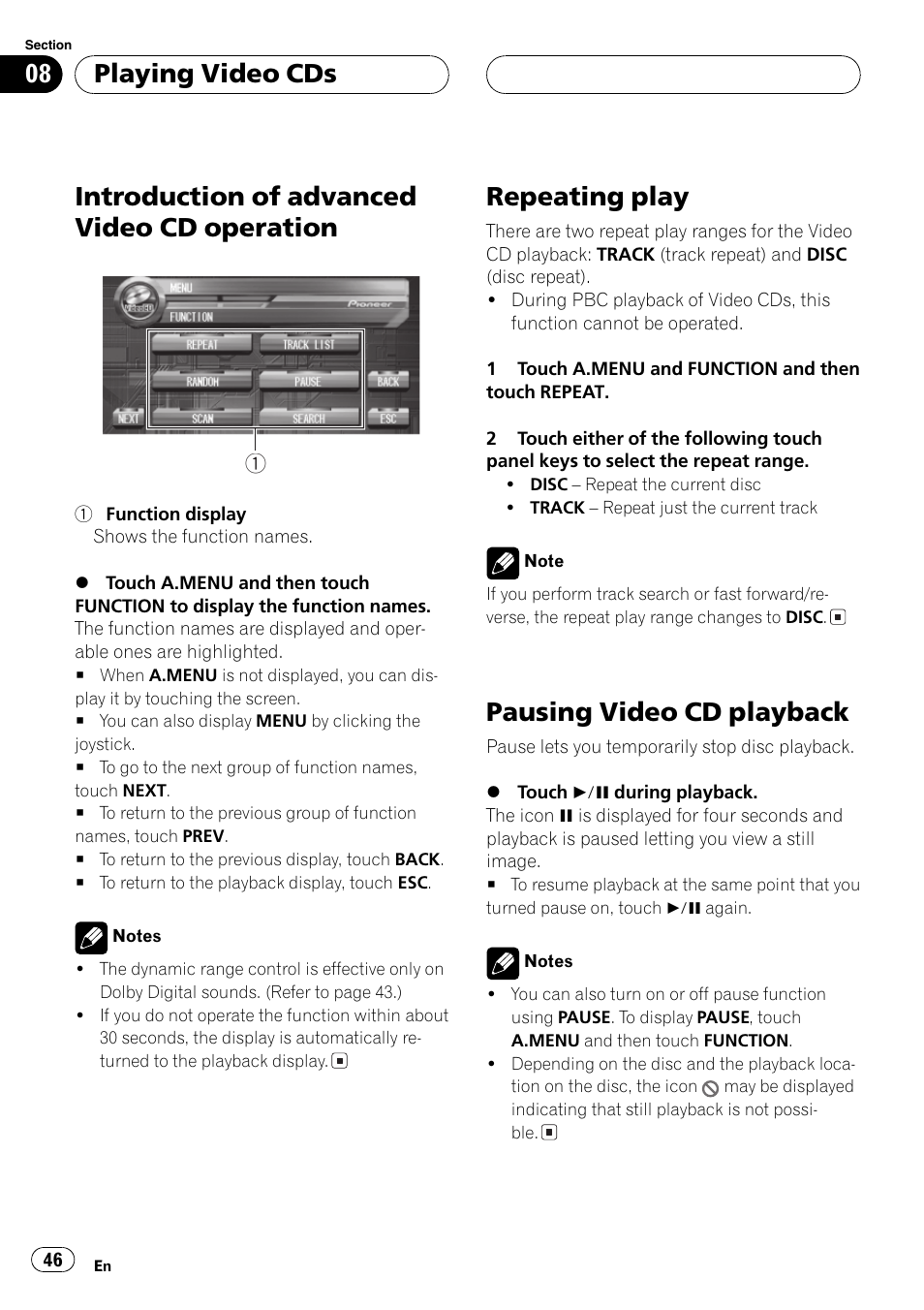 Introduction of advanced video cd, Operation 46, Repeating play 46 pausing video cd playback 46 | Introduction of advanced video cd operation, Repeating play, Pausing video cd playback, Playing video cds | Pioneer AVH-P7500DVD User Manual | Page 46 / 112