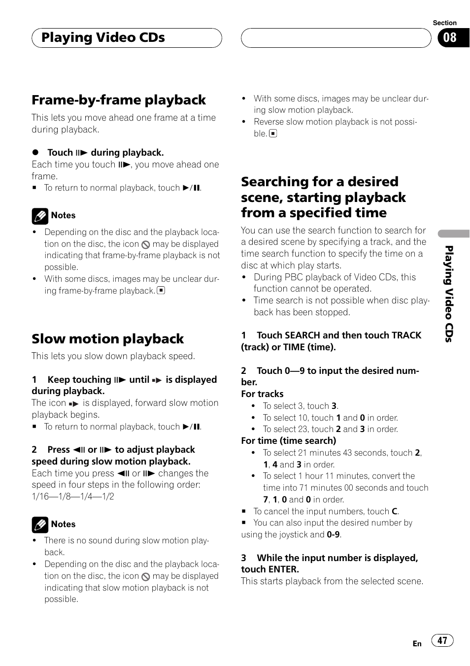 Playback from a specified time 47, Frame-by-frame playback, Slow motion playback | Playing video cds | Pioneer AVH-P7500DVD User Manual | Page 47 / 112