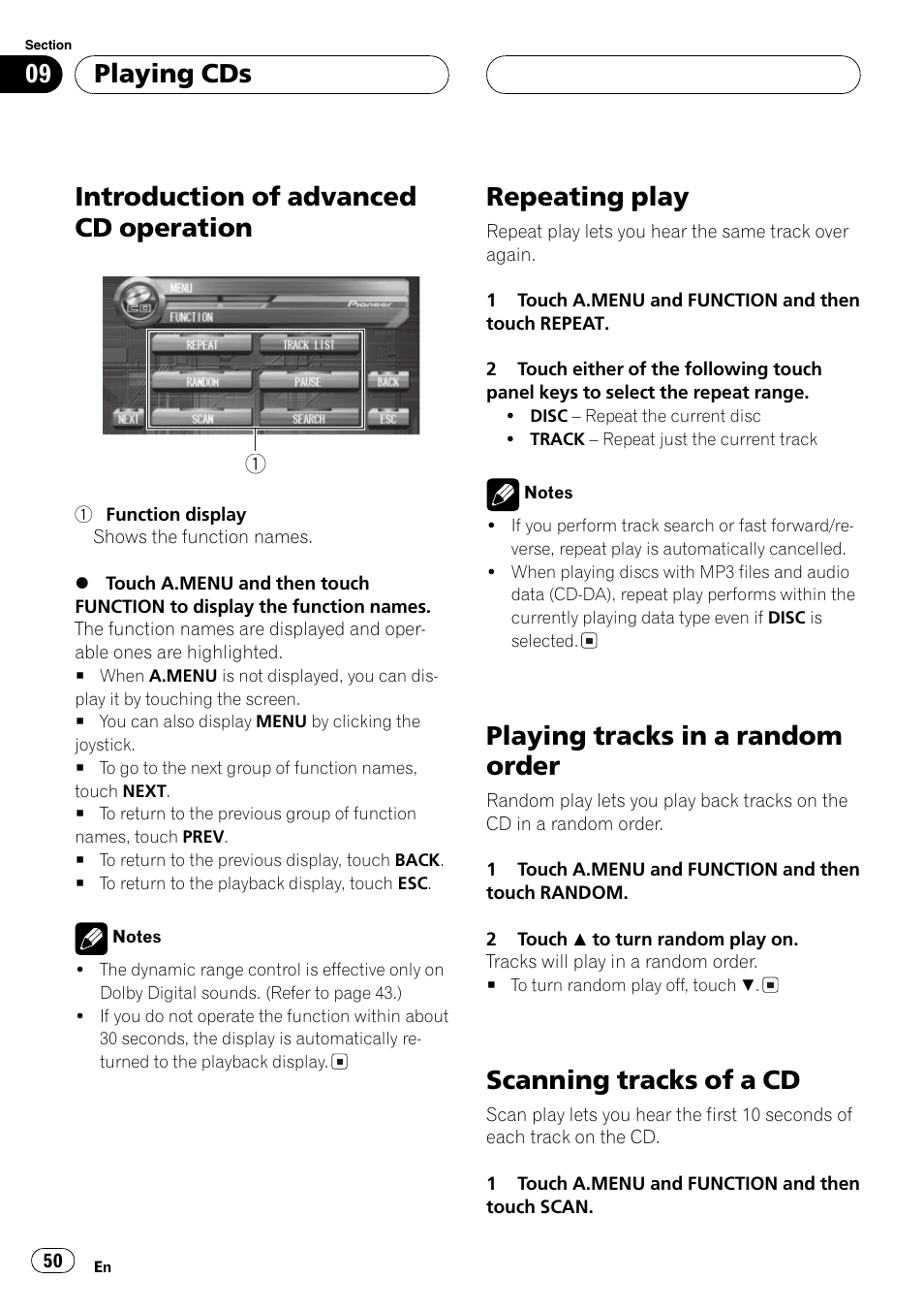 Introduction of advanced cd operation, Repeating play, Playing tracks in a random order | Scanning tracks of a cd, Playing cds | Pioneer AVH-P7500DVD User Manual | Page 50 / 112