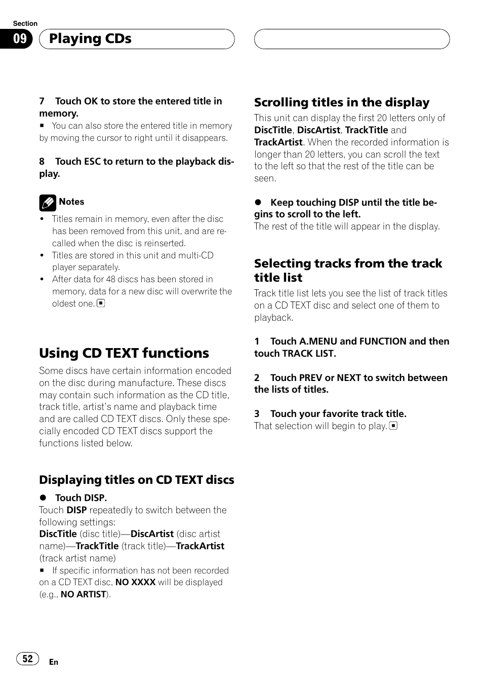 Using cd text functions 52, Using cd text functions, Playing cds | Displaying titles on cd text discs, Scrolling titles in the display, Selecting tracks from the track title list | Pioneer AVH-P7500DVD User Manual | Page 52 / 112