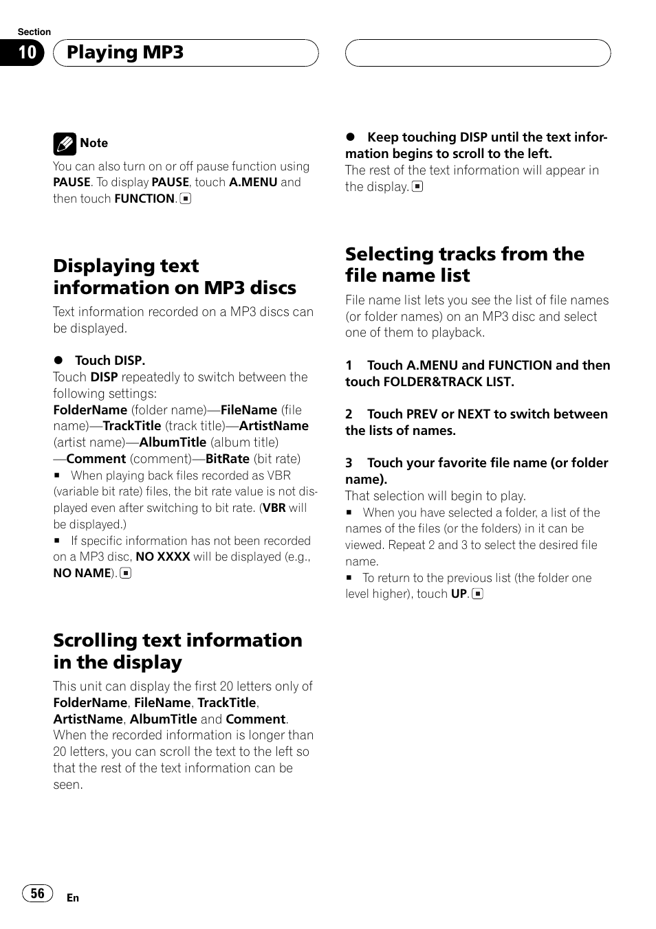 Displaying text information on mp3, Discs 56, Displaying text information on mp3 discs | Scrolling text information in the display, Selecting tracks from the file name list, Playing mp3 | Pioneer AVH-P7500DVD User Manual | Page 56 / 112