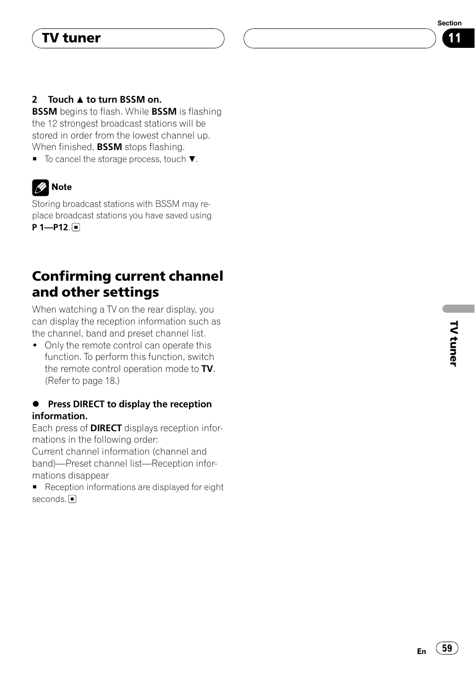 Confirming current channel and other, Settings 59, Confirming current channel and other settings | Tv tuner | Pioneer AVH-P7500DVD User Manual | Page 59 / 112