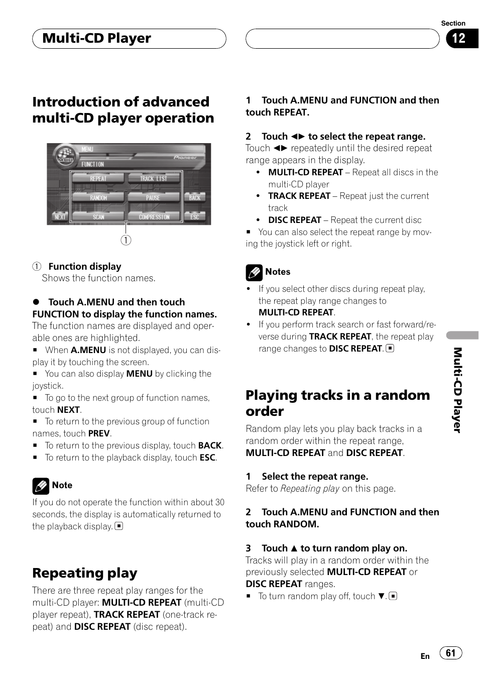 Introduction of advanced multi-cd player, Operation 61, Introduction of advanced multi-cd player operation | Repeating play, Playing tracks in a random order, Multi-cd player | Pioneer AVH-P7500DVD User Manual | Page 61 / 112