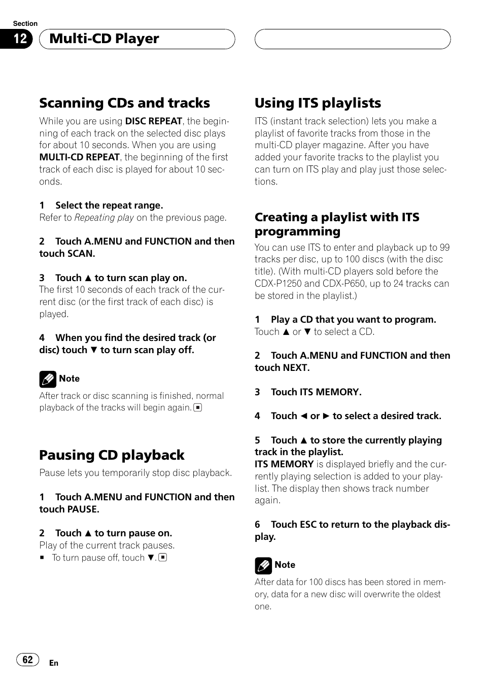 Scanning cds and tracks, Pausing cd playback, Using its playlists | Multi-cd player | Pioneer AVH-P7500DVD User Manual | Page 62 / 112