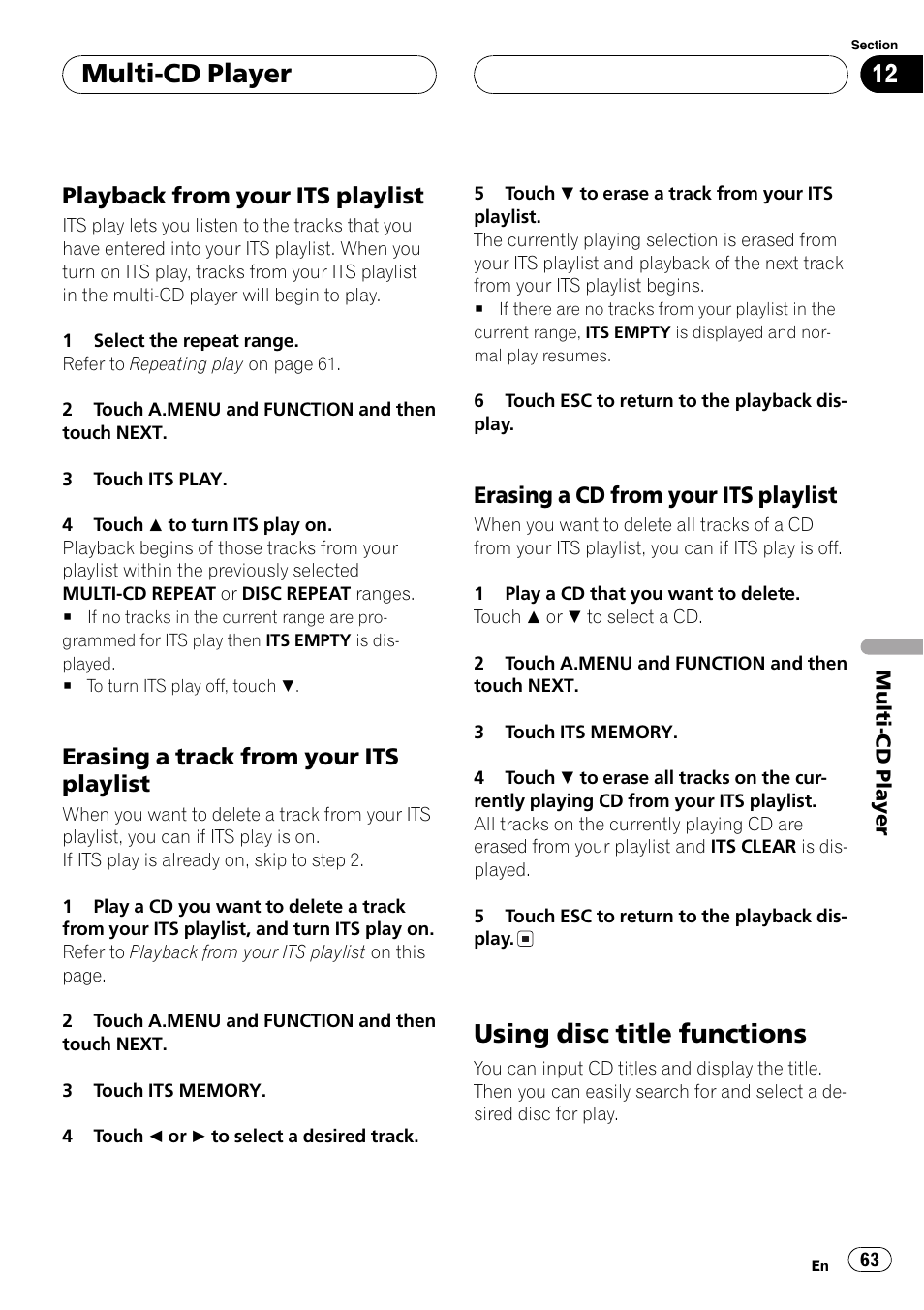 Using disc title functions 63, Using disc title functions, Multi-cd player | Playback from your its playlist, Erasing a track from your its playlist, Erasing a cd from your its playlist | Pioneer AVH-P7500DVD User Manual | Page 63 / 112