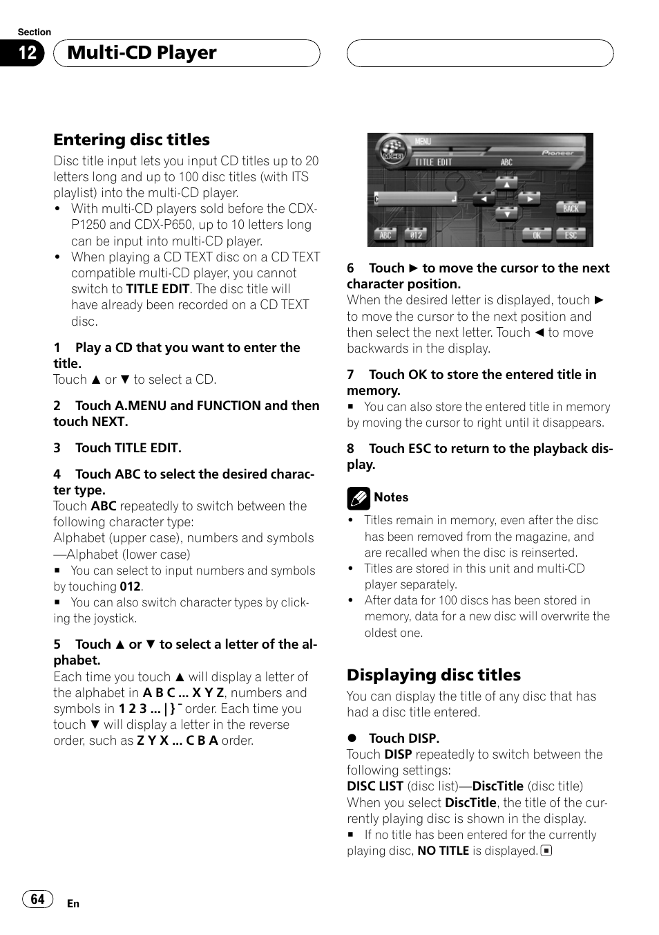 Multi-cd player, Entering disc titles, Displaying disc titles | Pioneer AVH-P7500DVD User Manual | Page 64 / 112