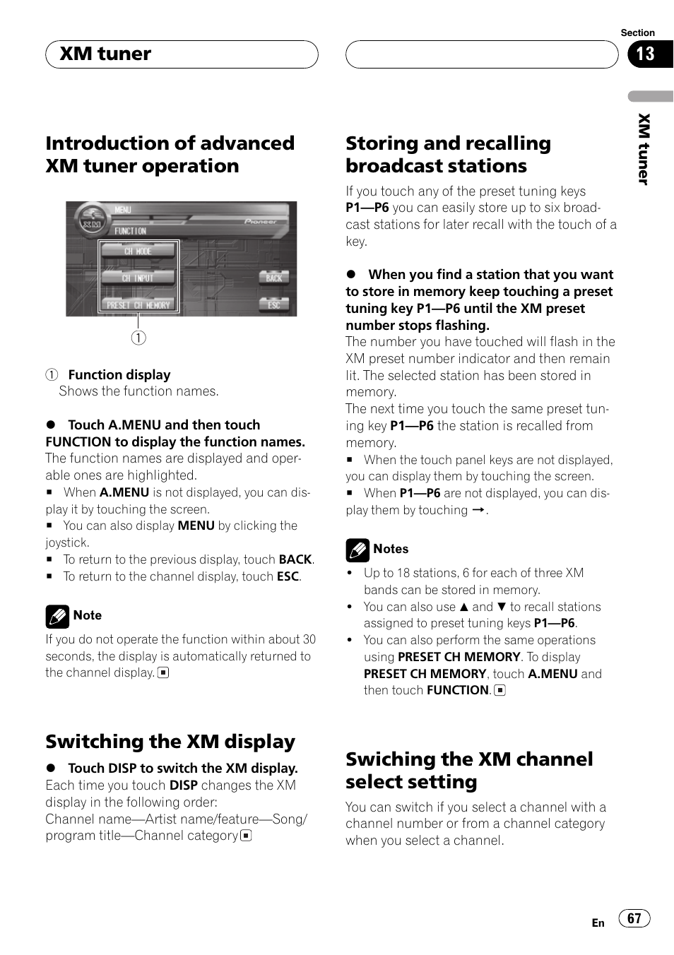 Introduction of advanced xm tuner, Operation 67, Introduction of advanced xm tuner operation | Switching the xm display, Storing and recalling broadcast stations, Swiching the xm channel select setting, Xm tuner | Pioneer AVH-P7500DVD User Manual | Page 67 / 112
