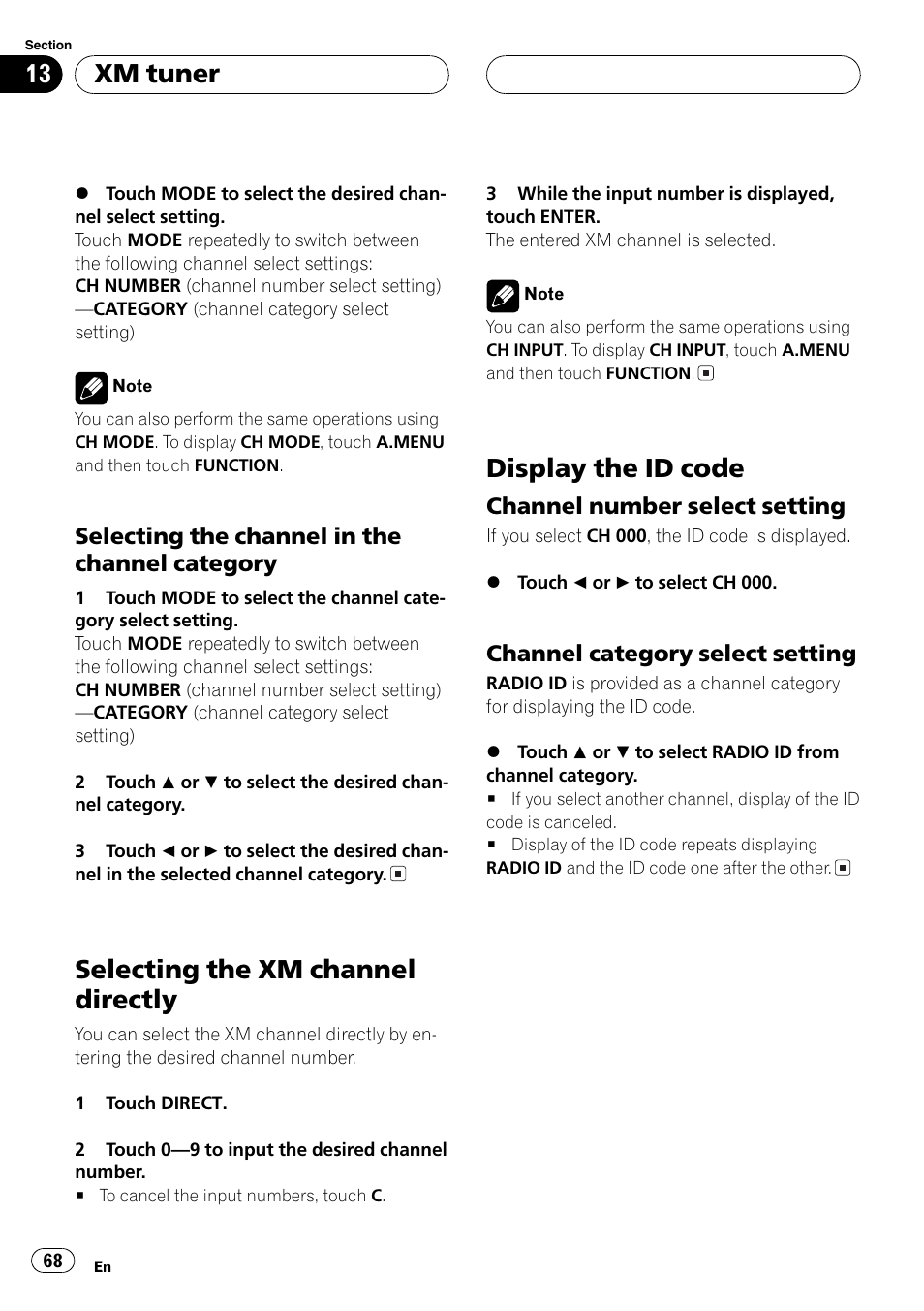 Selecting the xm channel directly, Display the id code, Xm tuner | Pioneer AVH-P7500DVD User Manual | Page 68 / 112