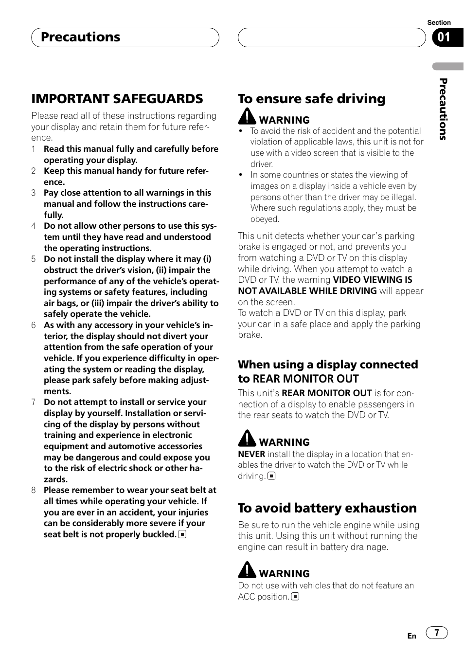 Important safeguards, Precautions, When using a display connected to rear monitor out | Pioneer AVH-P7500DVD User Manual | Page 7 / 112