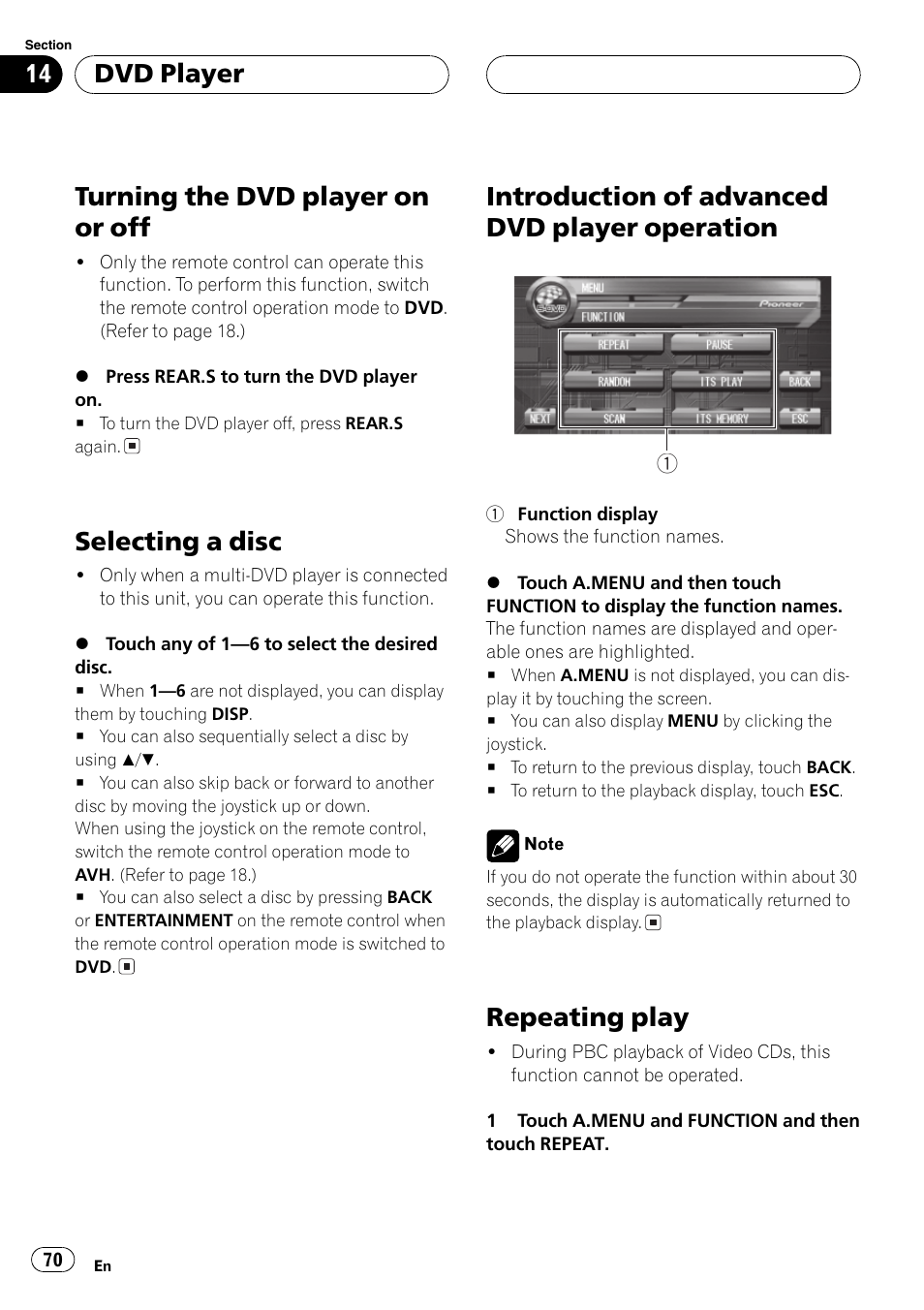 Operation 70, Repeating play 70, Turning the dvd player on or off | Selecting a disc, Introduction of advanced dvd player operation, Repeating play, Dvd player | Pioneer AVH-P7500DVD User Manual | Page 70 / 112