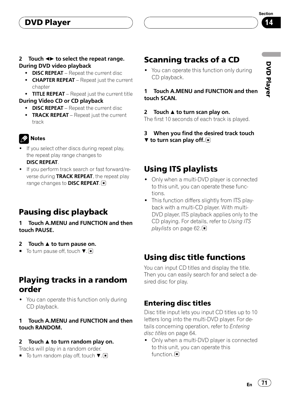 Pausing disc playback, Playing tracks in a random order, Scanning tracks of a cd | Using its playlists, Using disc title functions, Dvd player | Pioneer AVH-P7500DVD User Manual | Page 71 / 112