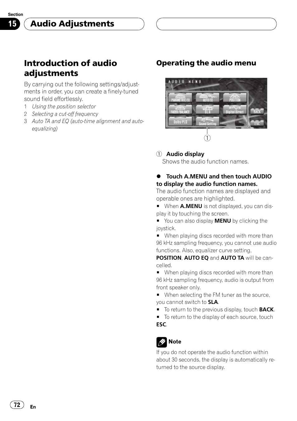 Introduction of audio adjustments, Audio adjustments | Pioneer AVH-P7500DVD User Manual | Page 72 / 112