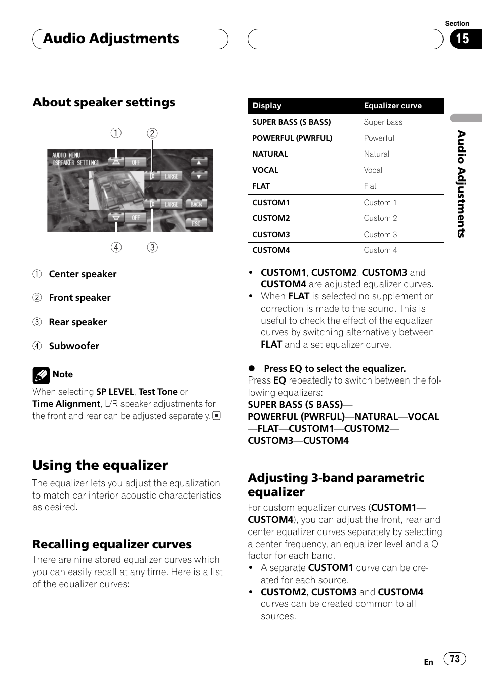 Using the equalizer 73, Using the equalizer, Audio adjustments | About speaker settings, Recalling equalizer curves, Adjusting 3-band parametric equalizer | Pioneer AVH-P7500DVD User Manual | Page 73 / 112