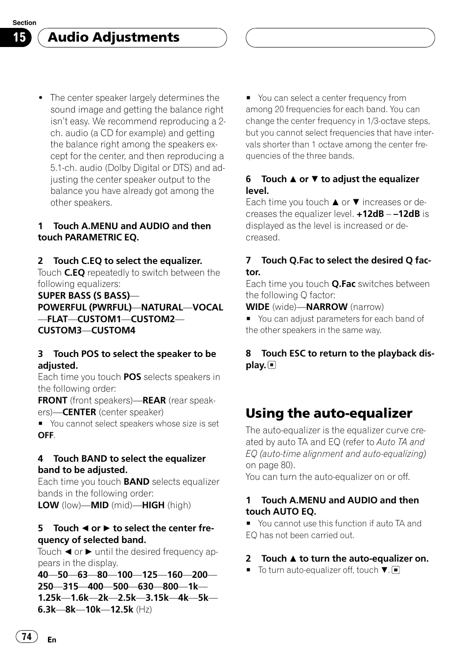 Using the auto-equalizer 74, Using the auto-equalizer, Audio adjustments | Pioneer AVH-P7500DVD User Manual | Page 74 / 112