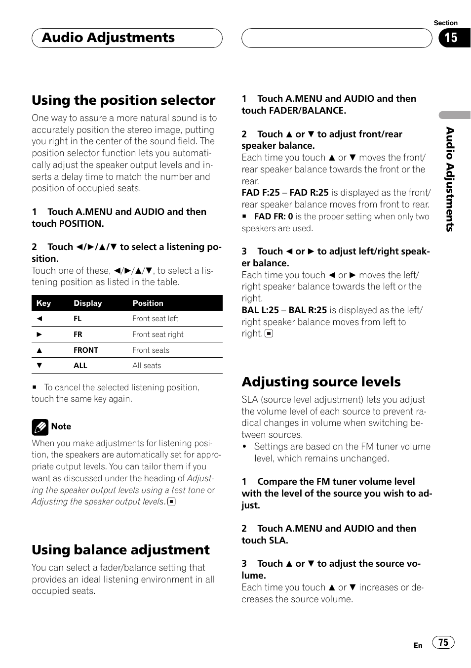 Using the position selector, Using balance adjustment, Adjusting source levels | Audio adjustments | Pioneer AVH-P7500DVD User Manual | Page 75 / 112