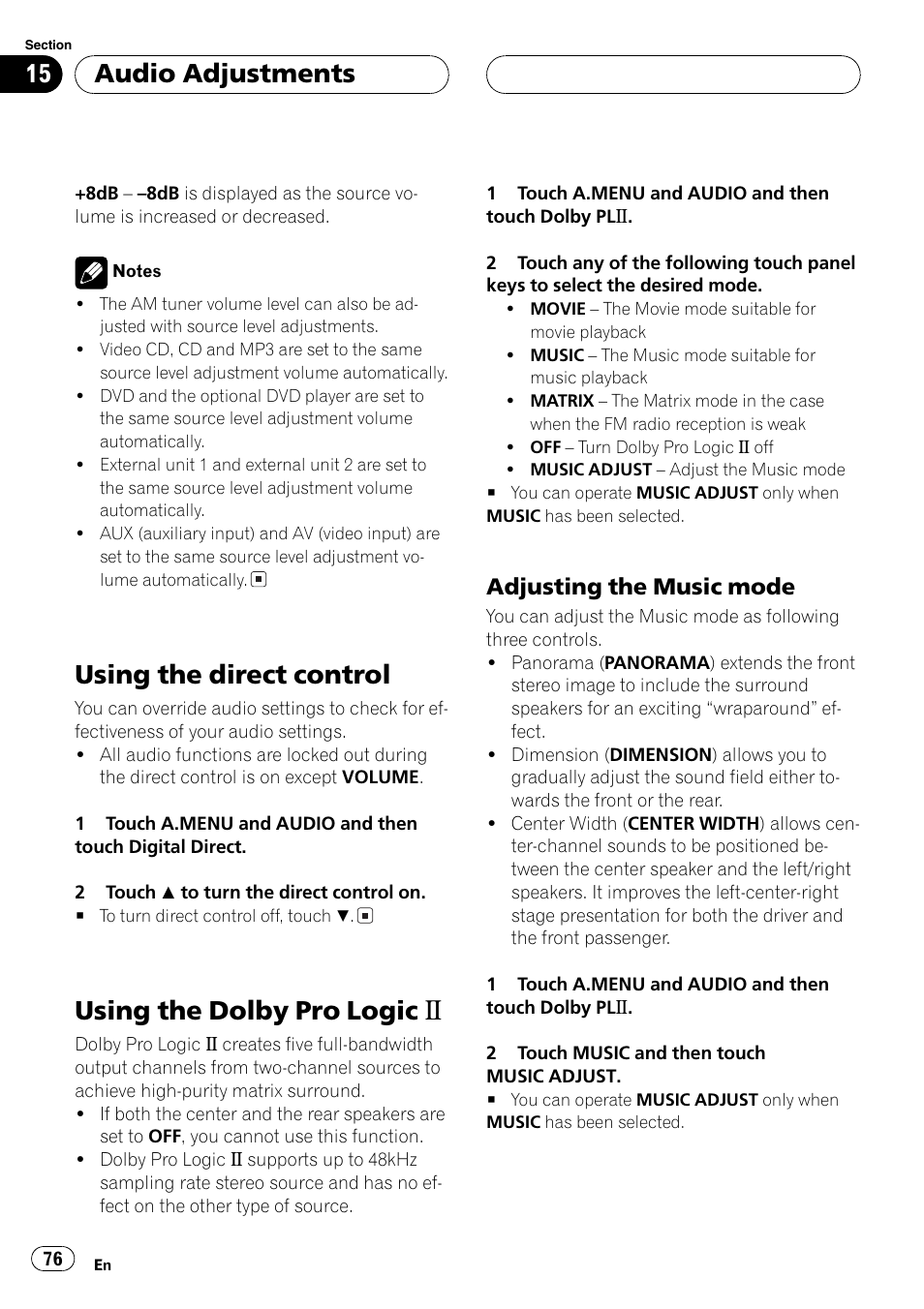 Using the direct control, Using the dolby pro logic b, Audio adjustments | Adjusting the music mode | Pioneer AVH-P7500DVD User Manual | Page 76 / 112
