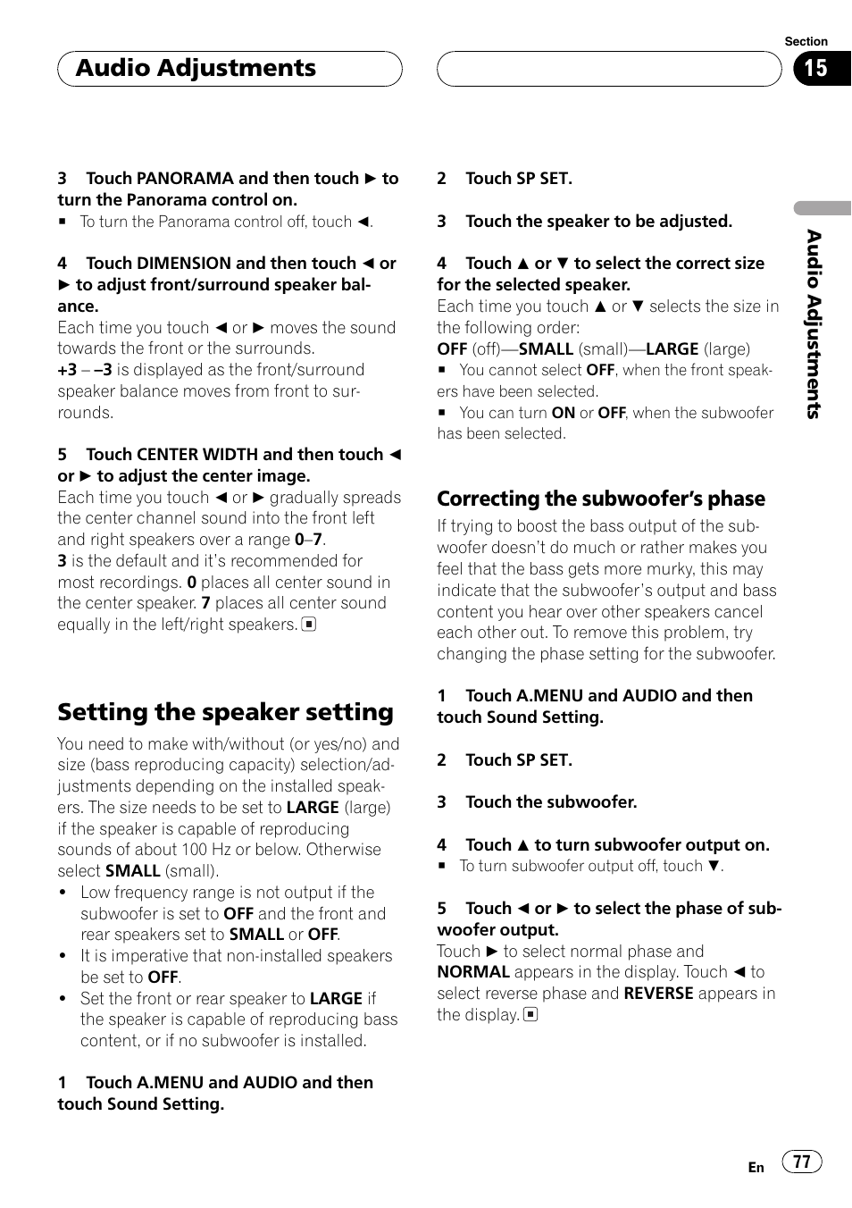 Setting the speaker setting 77, Setting the speaker setting, Audio adjustments | Correcting the subwoofers phase | Pioneer AVH-P7500DVD User Manual | Page 77 / 112