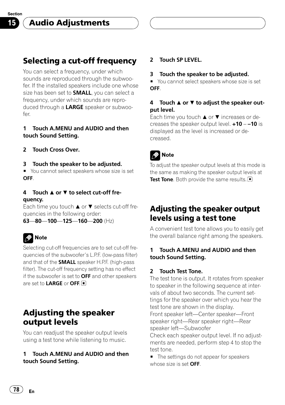 Test tone 78, Selecting a cut-off frequency, Adjusting the speaker output levels | Audio adjustments | Pioneer AVH-P7500DVD User Manual | Page 78 / 112