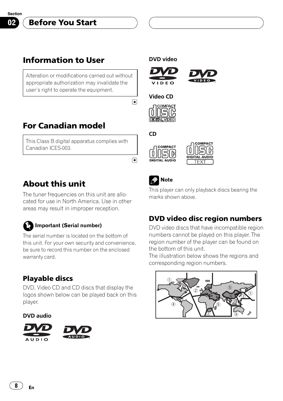 Playable discs 8, Dvd video disc region numbers 8, Information to user | For canadian model, About this unit, Before you start | Pioneer AVH-P7500DVD User Manual | Page 8 / 112